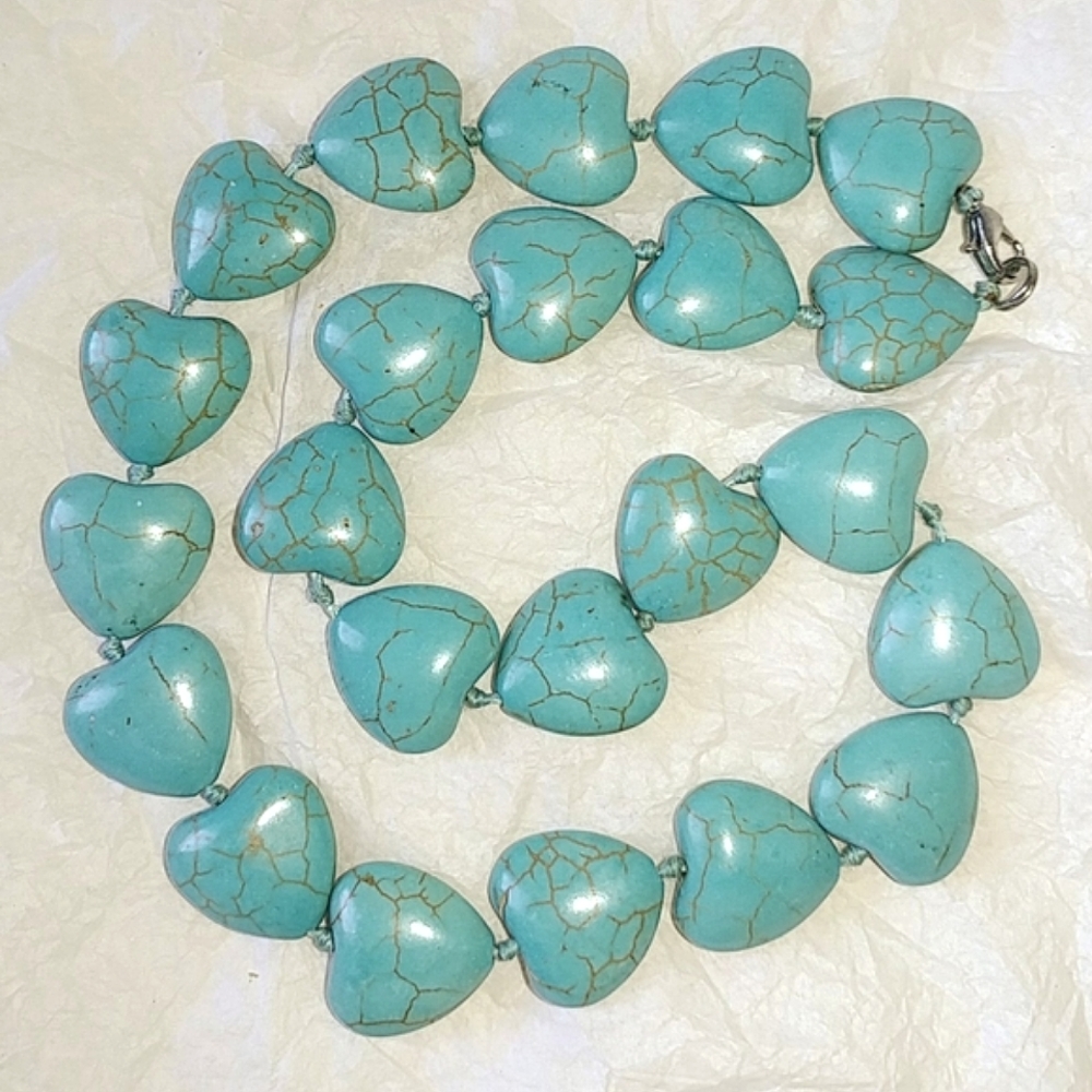 Turquoise Colored Heart Beads Necklace - 18" Long - Picture 6 of 6